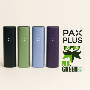 PAX Plus vaporizers in four colors—black, sage green, periwinkle blue, and elderberry purple—displayed with MrGreenDC cannabis dispensary logo in Washington DC