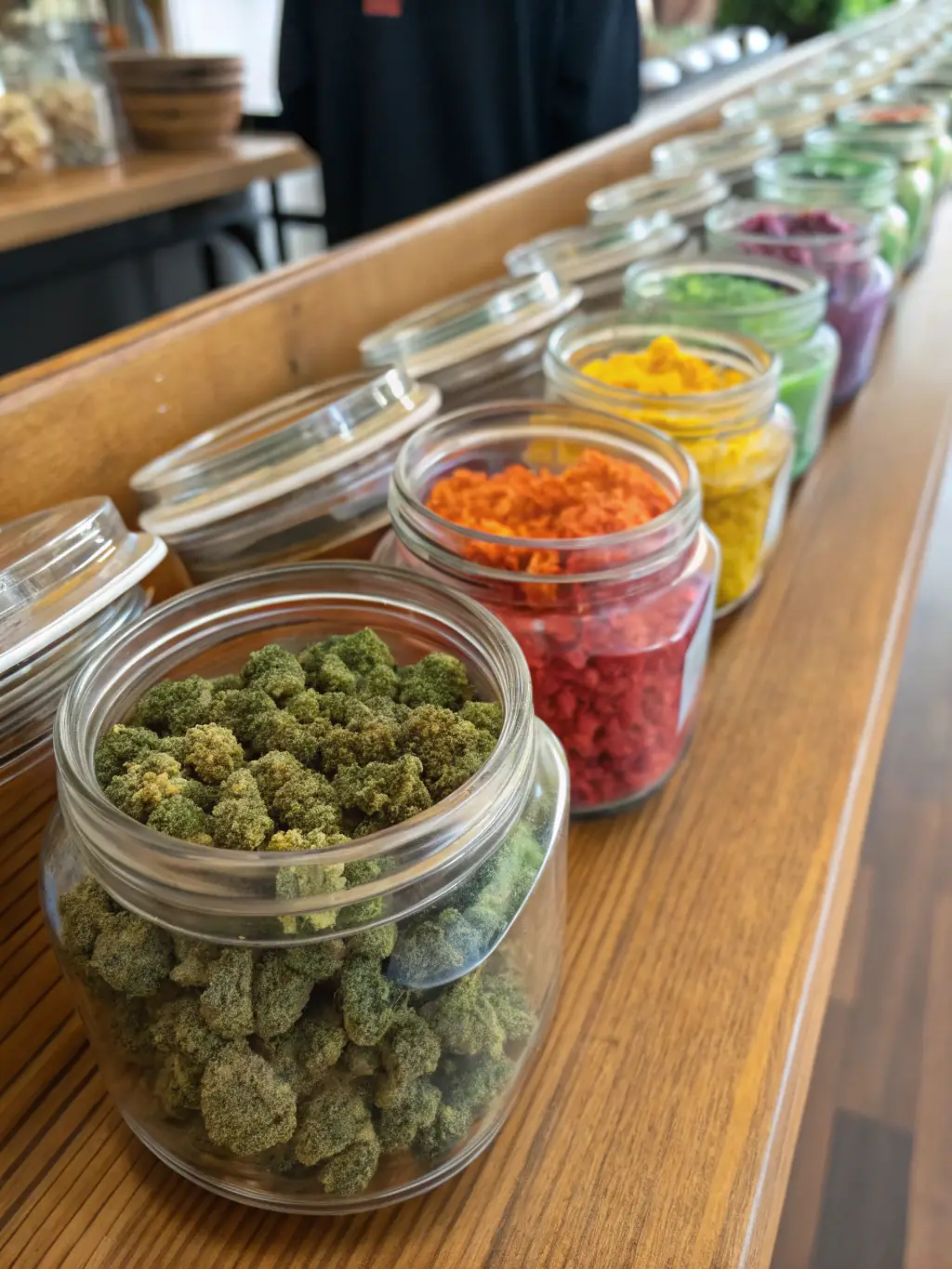 A visually appealing display of various cannabis products available at MrGreenDC, including flowers, edibles, and vapes, arranged neatly on shelves with clear labeling.