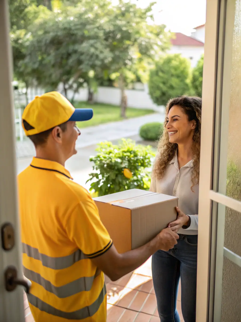 A close-up shot of a MrGreenDC delivery driver handing a discreetly packaged cannabis order to a customer in front of a Logan Circle brownstone, emphasizing the speed and convenience of the service.