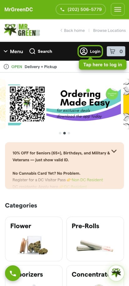 MrGreen DC online menu with the Login button highlighted at the top right